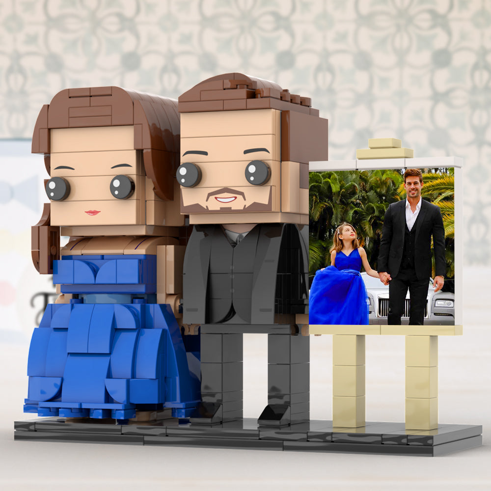 Full Body Customizable 2 People Dad And His Daughter In Perfect Blue Dress Photo Frame Personalized Custom Brick Figures Small Particle Block Toy Personalized For Father's Day