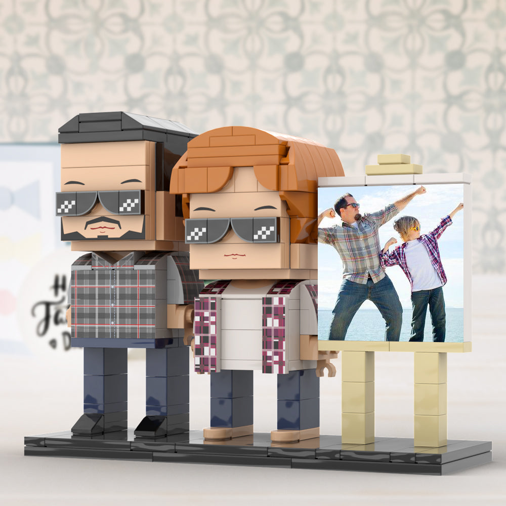 Full Body Customizable 2 People Daddy And His Son Have a Pose Towards Sun Photo Frame Personalized Custom Brick Figures Small Particle Block Toy Personalized For Father's Day