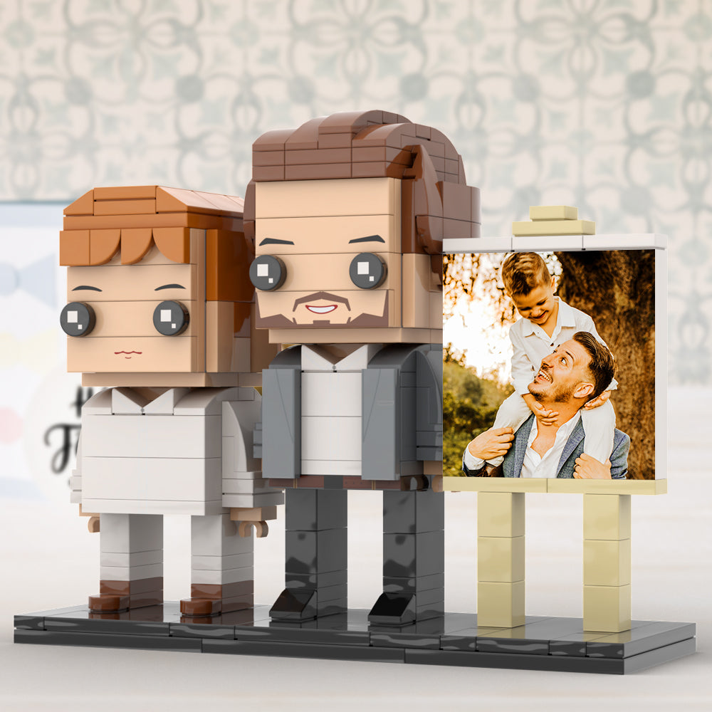 Full Body Customizable 2 People Little Son Sit On Daddy's Shoulder Photo Frame Personalized Custom Brick Figures Small Particle Block Toy Personalized For Father's Day