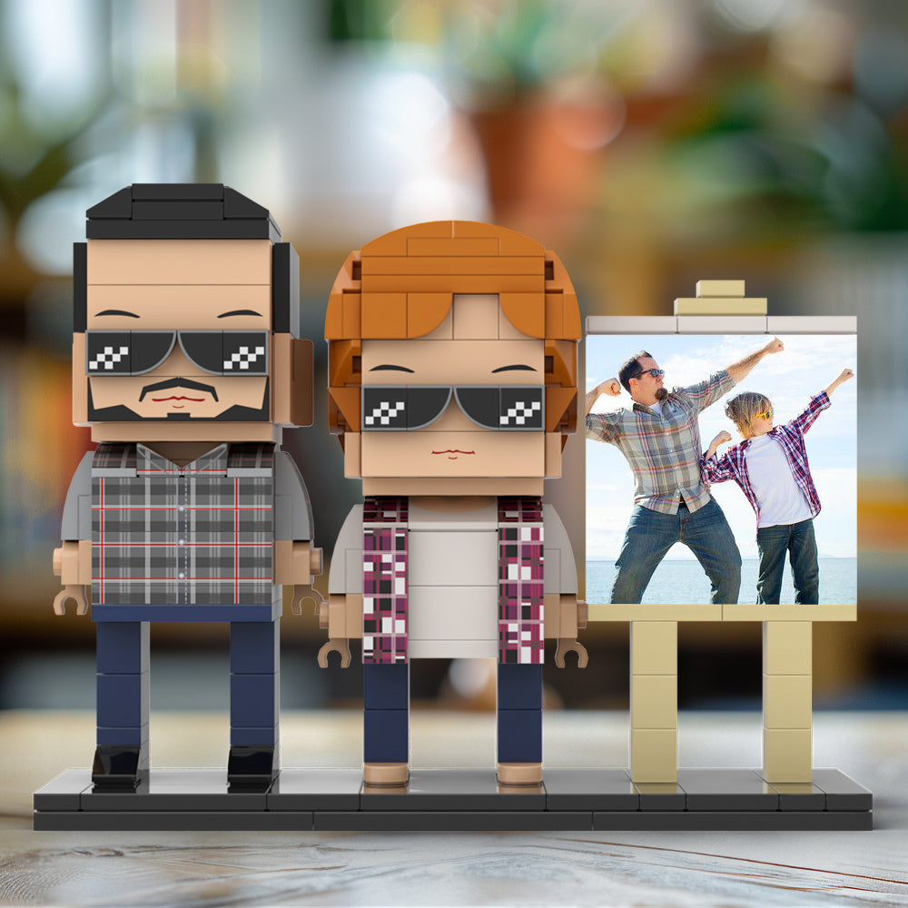 Full Body Customizable 2 People Daddy And His Son Have a Pose Towards Sun Photo Frame Personalized Custom Brick Figures Small Particle Block Toy Personalized For Father's Day