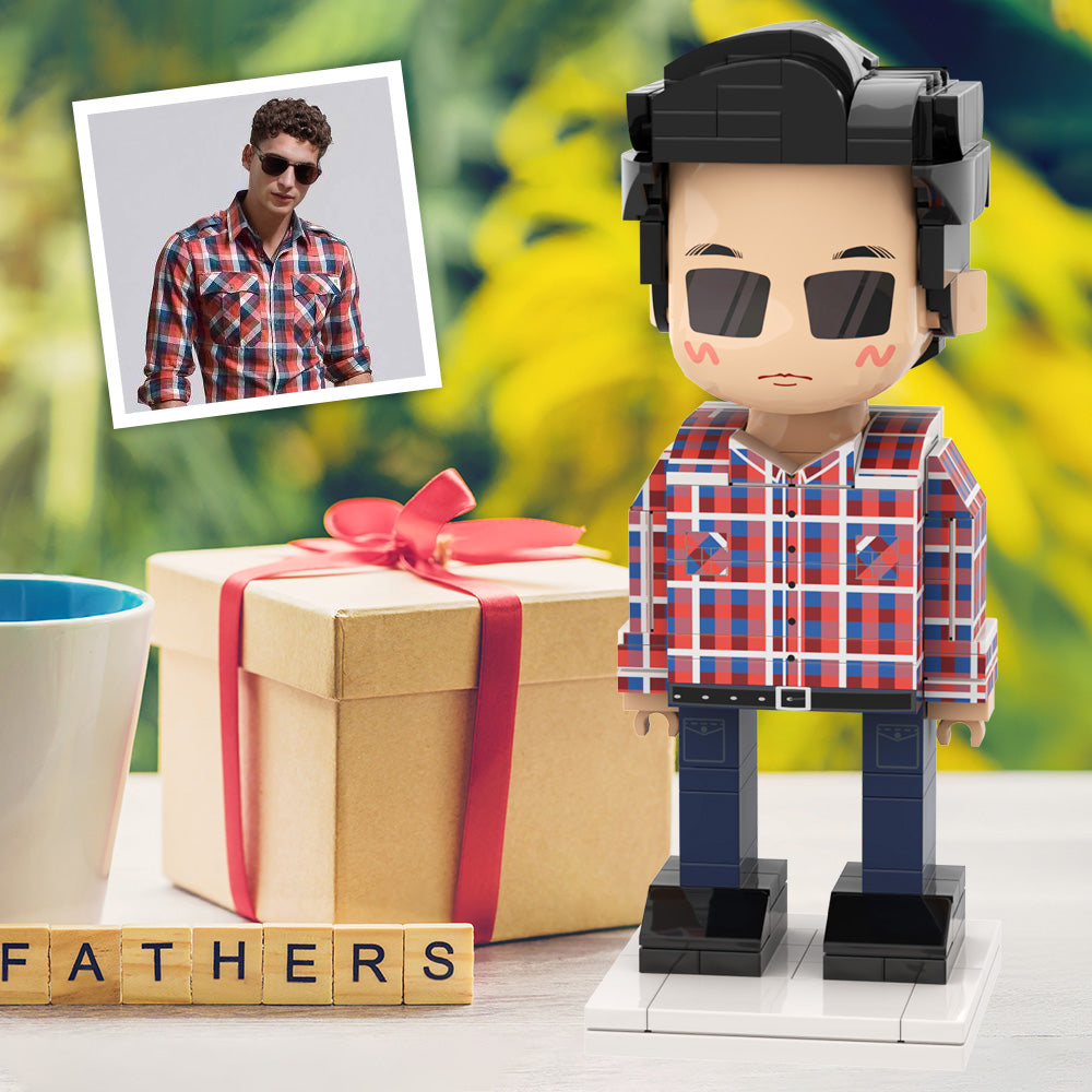 Full Body Duddu Brick Figures Customizable 1 Person Custom Brick Figures Small Particle Block Toy Brick Me Figures For Daddy in Plaid Purple Shirt On Father's Day