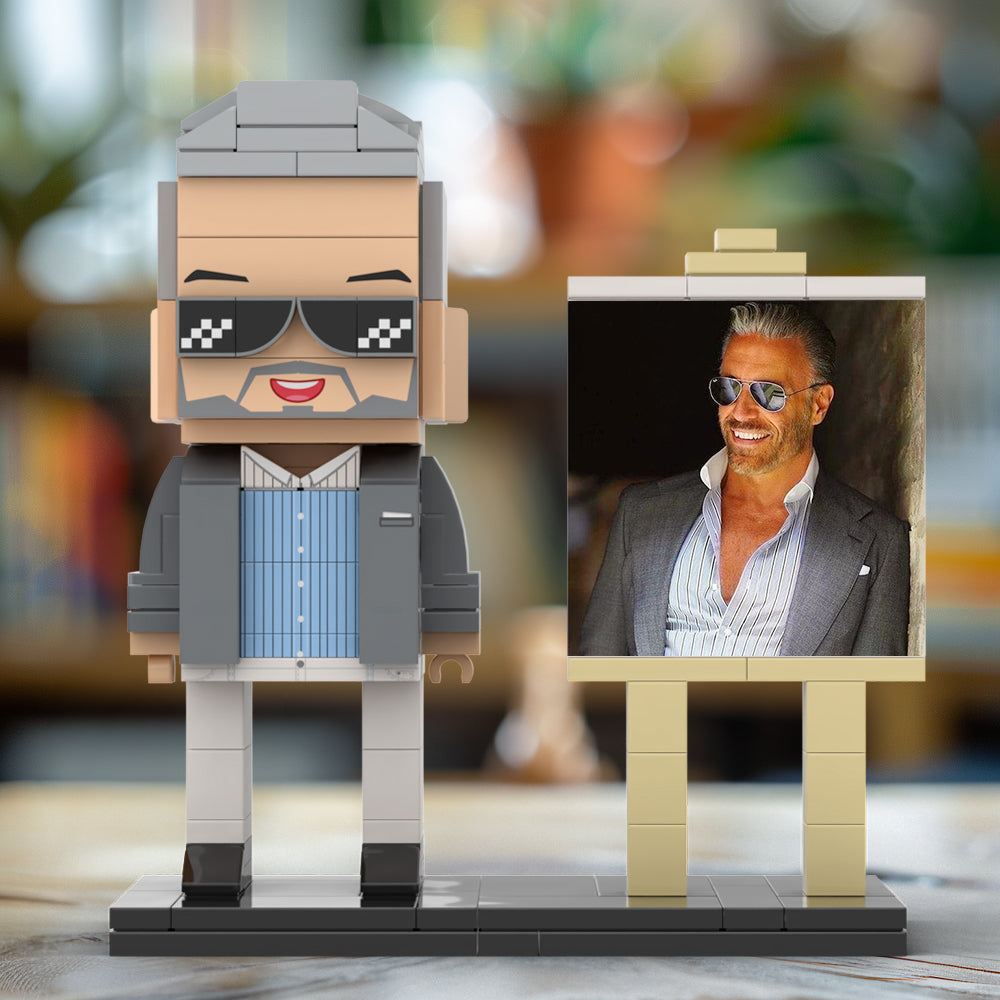 Full Body Customizable 1 Person Cool Daddy In Grey Suit With Sunglasses Custom Brick with Frame Figures Small Particle Block Toy Brick Me Figures For Father's Day