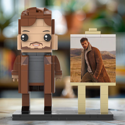 Full Body Customizable 1 Person Cool Young Daddy In Long Brown Coat Custom Brick with Frame Figures Small Particle Block Toy Brick Me Figures For Father's Day