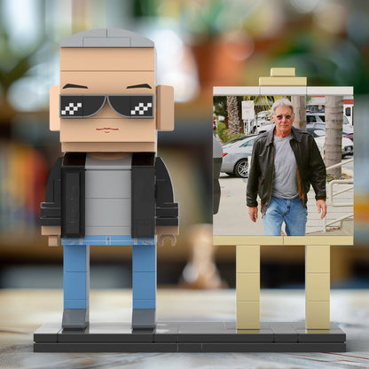 Full Body Customizable 1 Person Cool Grey Hair Daddy Street Photo With Classic Outfit Custom Brick with Frame Figures Small Particle Block Toy Brick Me Figures For Father's Day