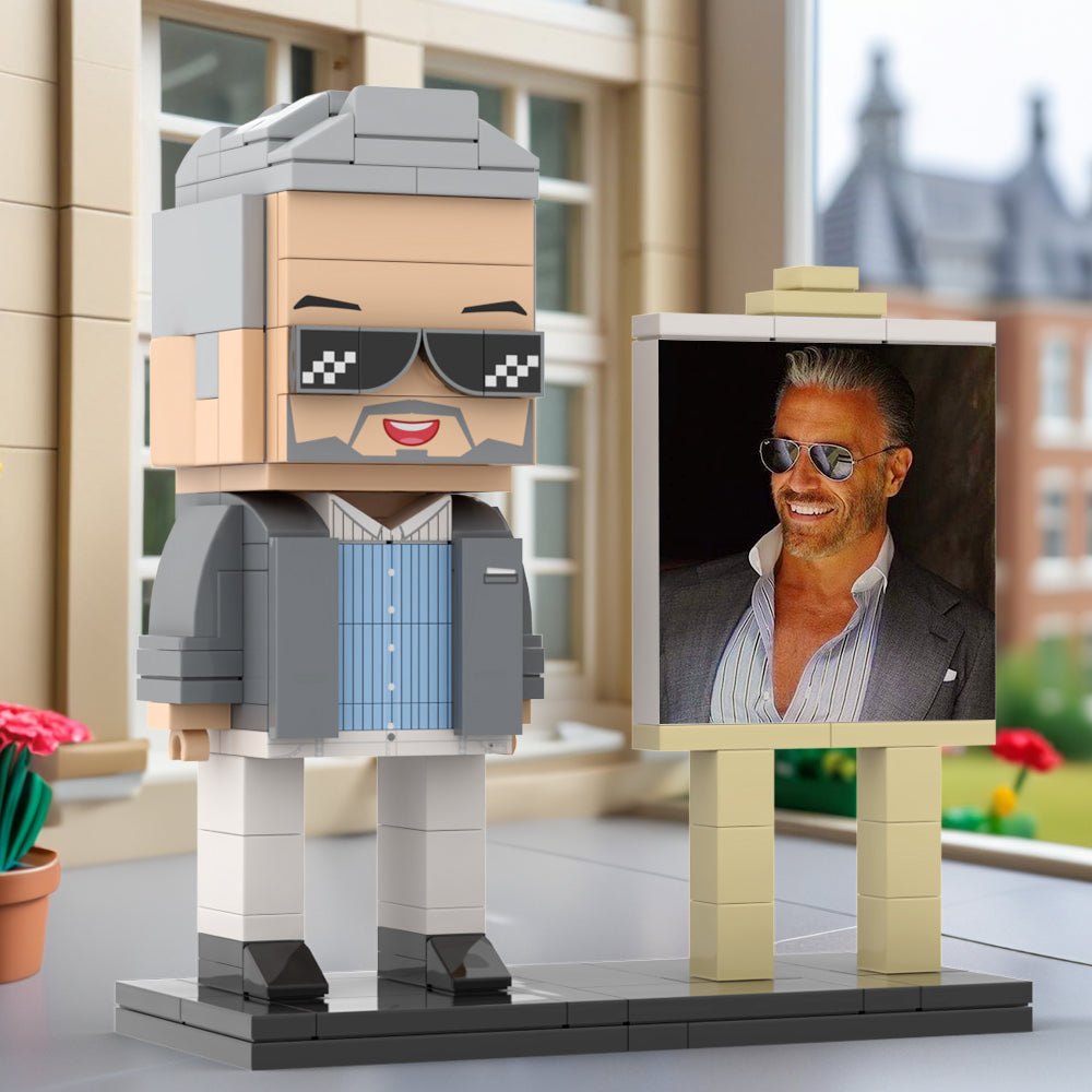 Full Body Customizable 1 Person Cool Daddy In Grey Suit With Sunglasses Custom Brick with Frame Figures Small Particle Block Toy Brick Me Figures For Father's Day