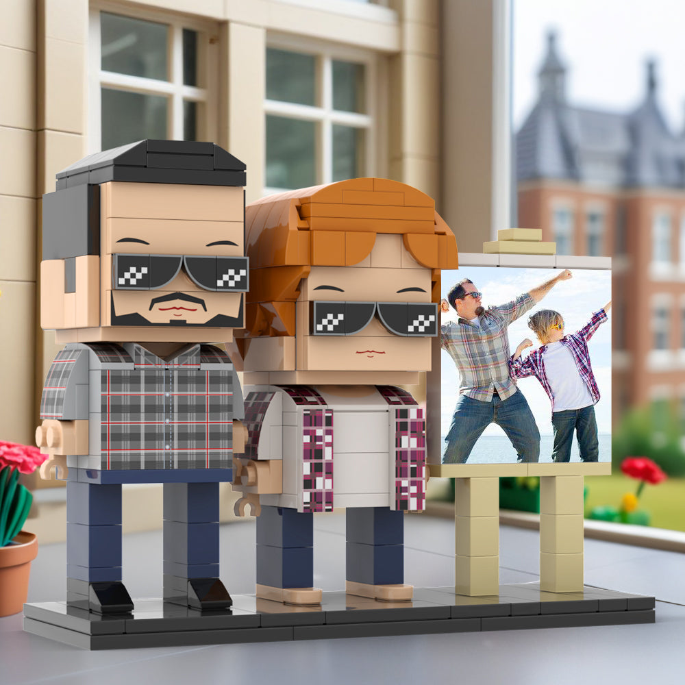 Full Body Customizable 2 People Daddy And His Son Have a Pose Towards Sun Photo Frame Personalized Custom Brick Figures Small Particle Block Toy Personalized For Father's Day