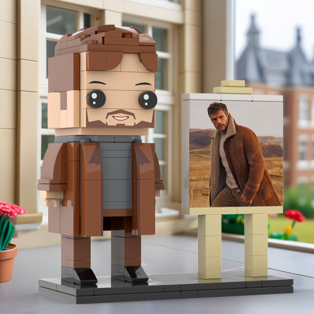 Full Body Customizable 1 Person Cool Young Daddy In Long Brown Coat Custom Brick with Frame Figures Small Particle Block Toy Brick Me Figures For Father's Day