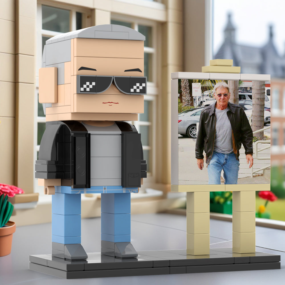 Full Body Customizable 1 Person Cool Grey Hair Daddy Street Photo With Classic Outfit Custom Brick with Frame Figures Small Particle Block Toy Brick Me Figures For Father's Day