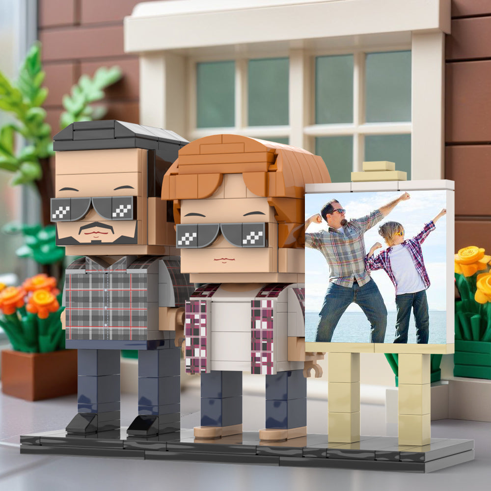 Full Body Customizable 2 People Daddy And His Son Have a Pose Towards Sun Photo Frame Personalized Custom Brick Figures Small Particle Block Toy Personalized For Father's Day