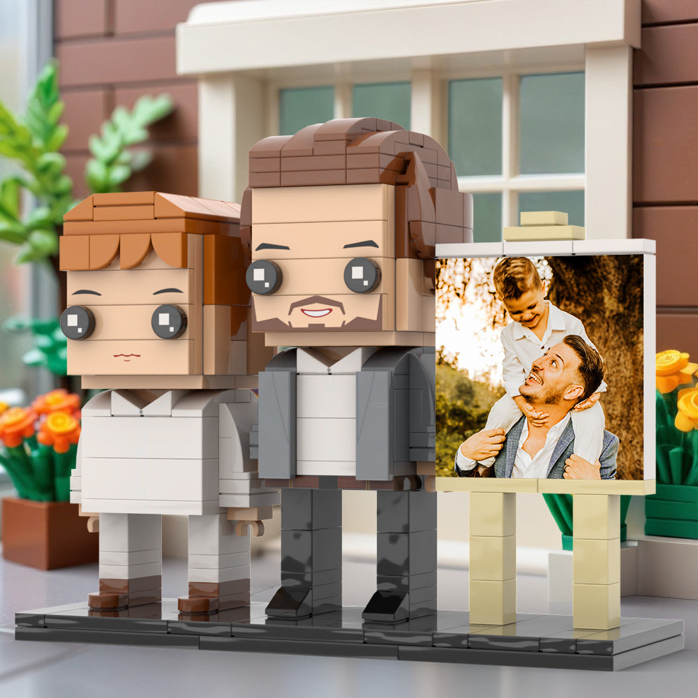 Full Body Customizable 2 People Little Son Sit On Daddy's Shoulder Photo Frame Personalized Custom Brick Figures Small Particle Block Toy Personalized For Father's Day