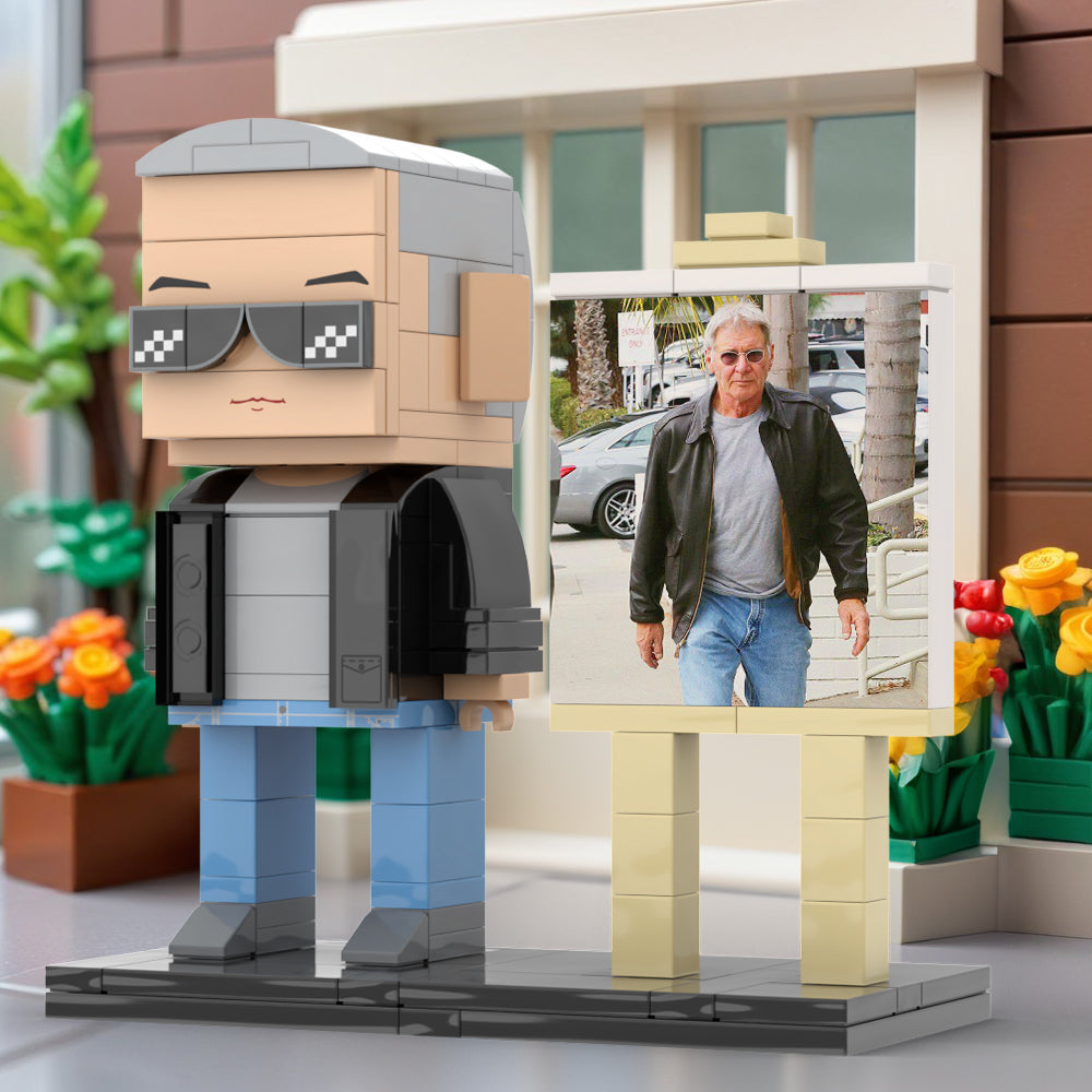 Full Body Customizable 1 Person Cool Grey Hair Daddy Street Photo With Classic Outfit Custom Brick with Frame Figures Small Particle Block Toy Brick Me Figures For Father's Day