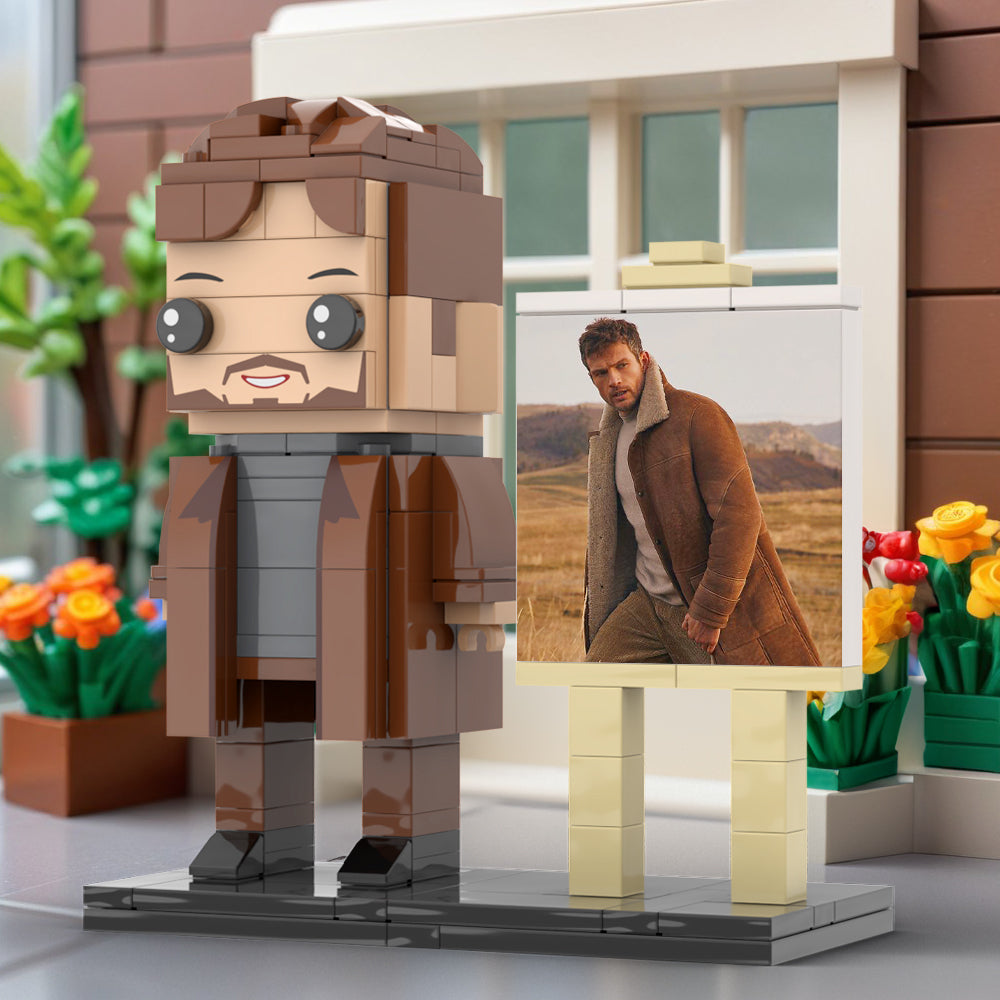 Full Body Customizable 1 Person Cool Young Daddy In Long Brown Coat Custom Brick with Frame Figures Small Particle Block Toy Brick Me Figures For Father's Day