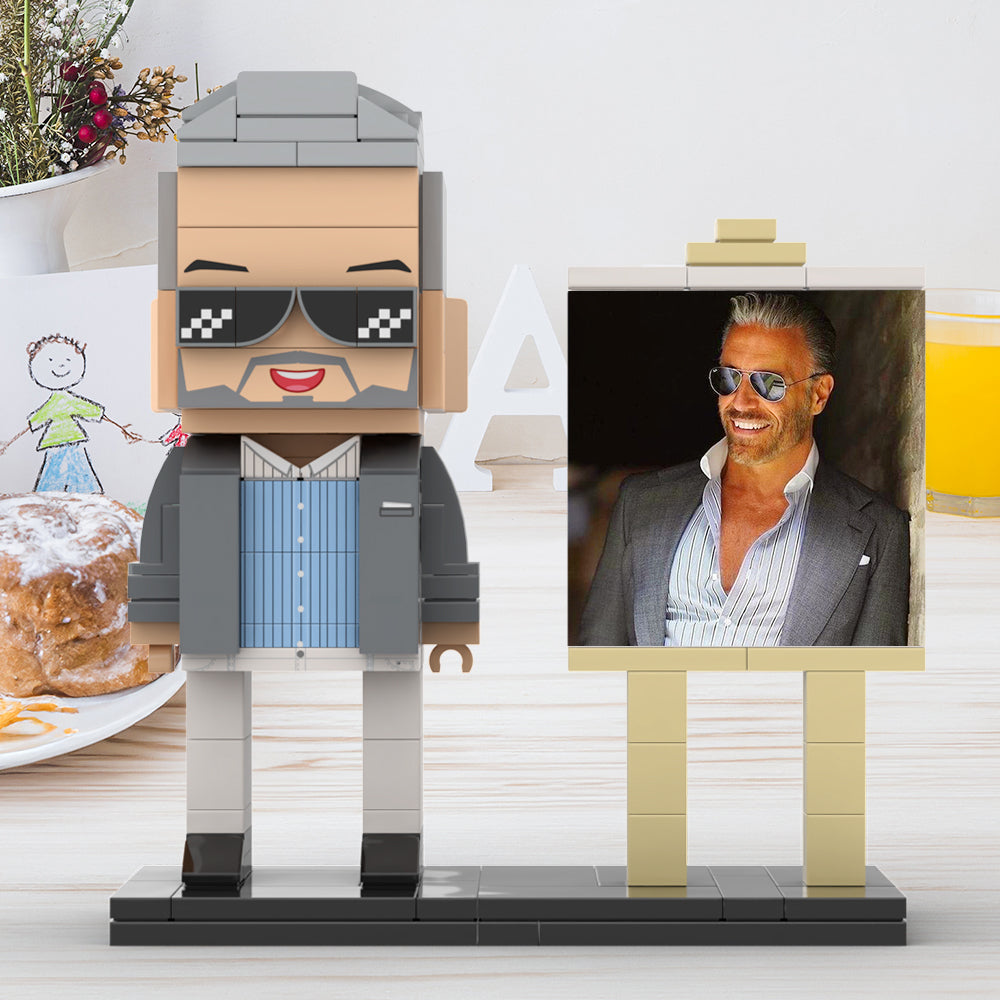 Full Body Customizable 1 Person Cool Daddy In Grey Suit With Sunglasses Custom Brick with Frame Figures Small Particle Block Toy Brick Me Figures For Father's Day