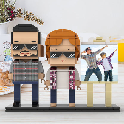 Full Body Customizable 2 People Daddy And His Son Have a Pose Towards Sun Photo Frame Personalized Custom Brick Figures Small Particle Block Toy Personalized For Father's Day