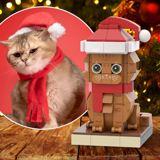 Christmas Cat With Scarf And Hat Fully Body Customizable 1 Cat Personalized X-Mas Cat Photo CustomBrick Figures Small Particle Block Customized Cat Only