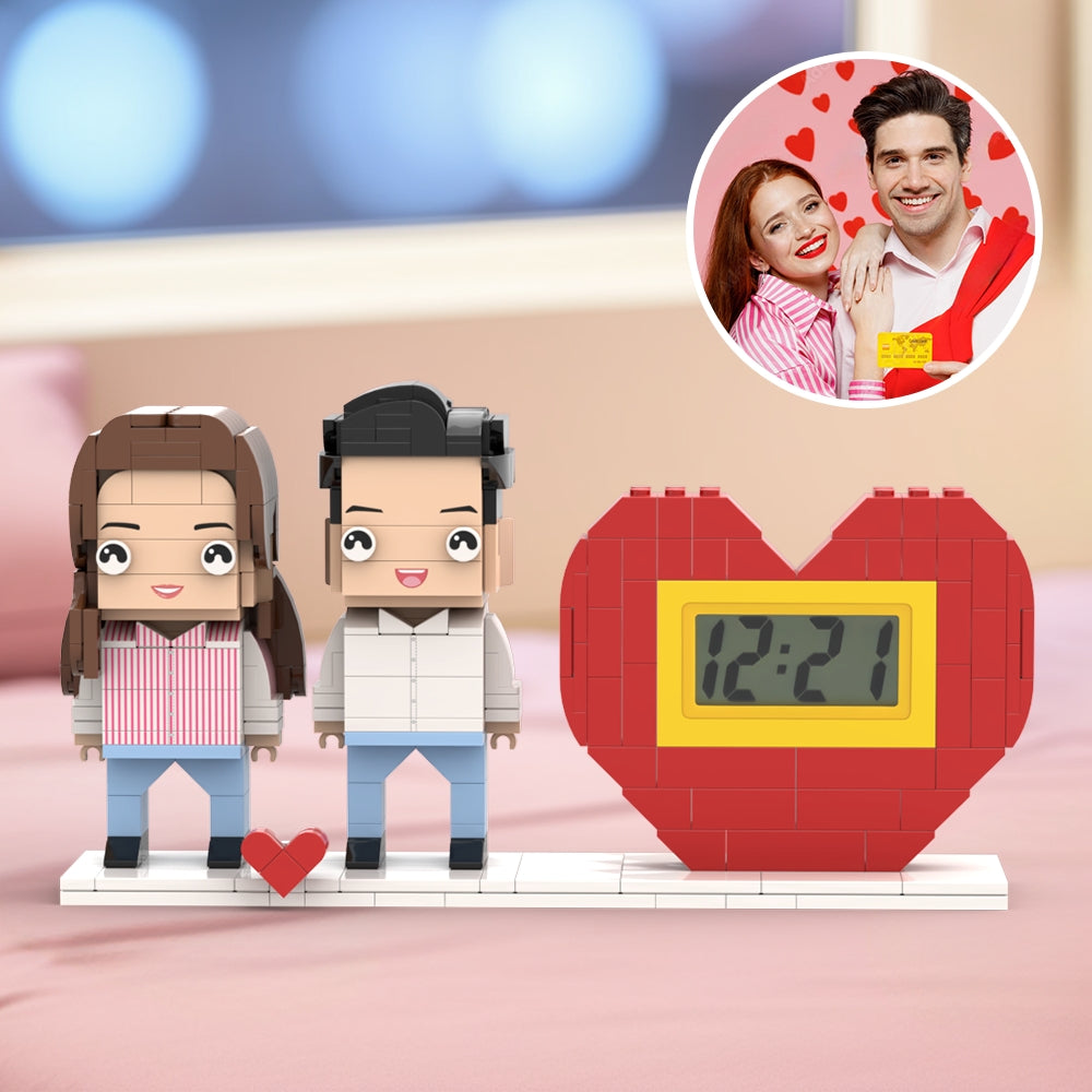 Practical Couple Full Body Custom Gift Personalized Waking Up Alarm Brick Figure Gift For Couples On Valentine's Day Square Face White Couple Style Small Particle Block Gift For Lovers