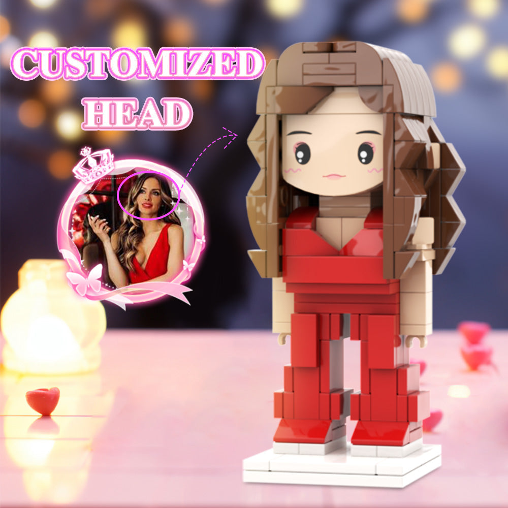 Red Independent Girl Style Valentine's Gift For Herself Custom Head Cute Brick Figures Personalized Brick Figures Small Particle Block