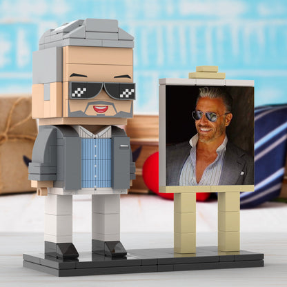 Full Body Customizable 1 Person Cool Daddy In Grey Suit With Sunglasses Custom Brick with Frame Figures Small Particle Block Toy Brick Me Figures For Father's Day