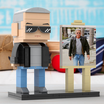 Full Body Customizable 1 Person Cool Grey Hair Daddy Street Photo With Classic Outfit Custom Brick with Frame Figures Small Particle Block Toy Brick Me Figures For Father's Day