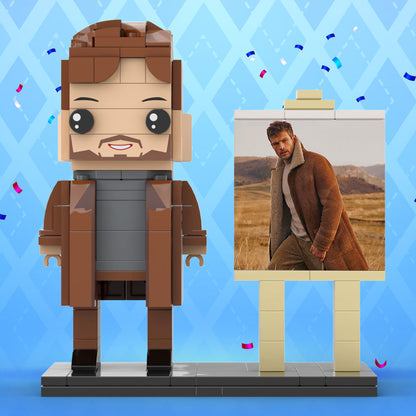 Full Body Customizable 1 Person Cool Young Daddy In Long Brown Coat Custom Brick with Frame Figures Small Particle Block Toy Brick Me Figures For Father's Day