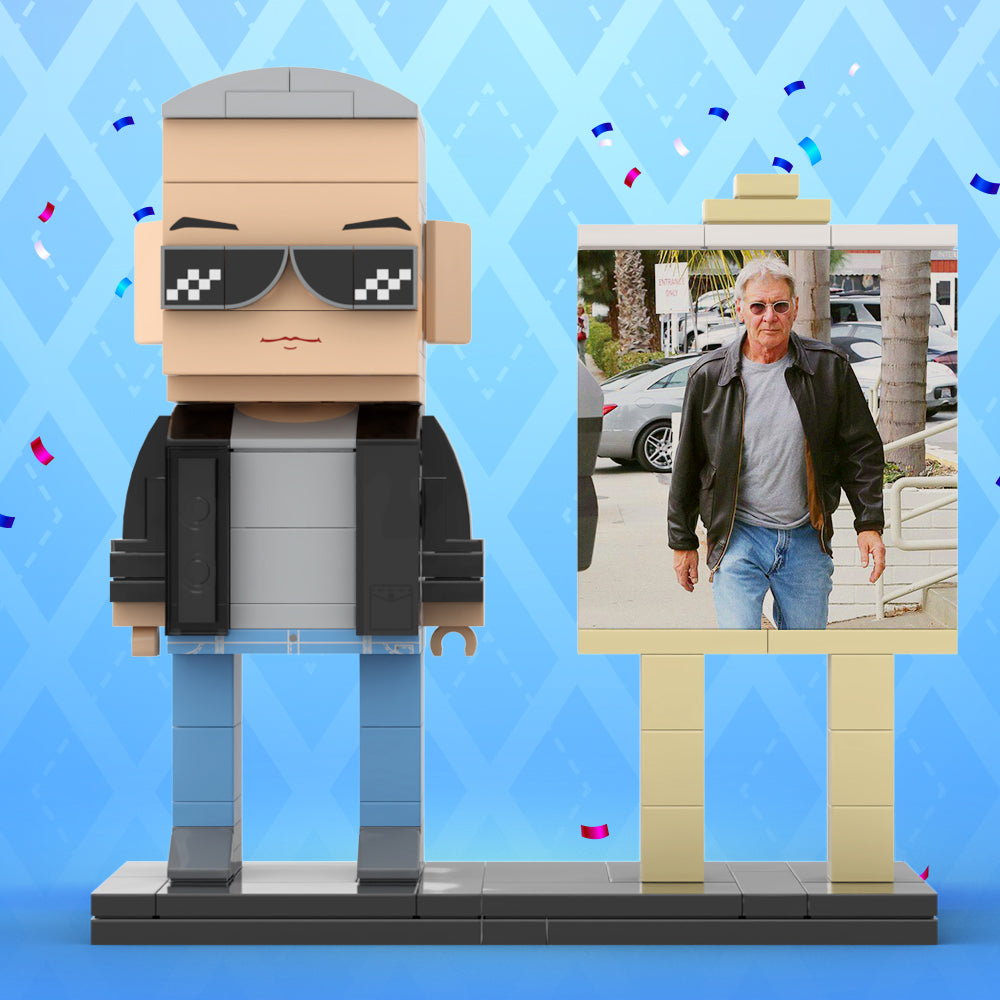 Full Body Customizable 1 Person Cool Grey Hair Daddy Street Photo With Classic Outfit Custom Brick with Frame Figures Small Particle Block Toy Brick Me Figures For Father's Day