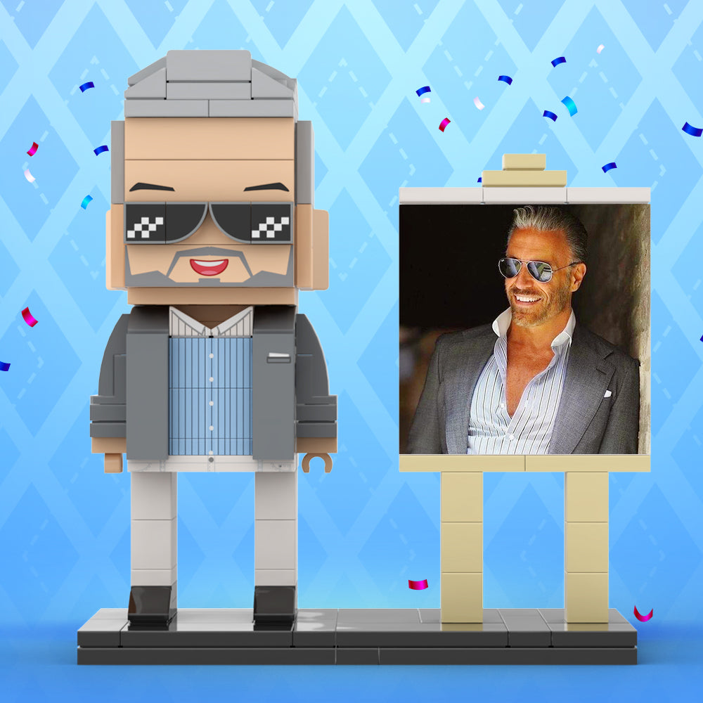 Full Body Customizable 1 Person Cool Daddy In Grey Suit With Sunglasses Custom Brick with Frame Figures Small Particle Block Toy Brick Me Figures For Father's Day