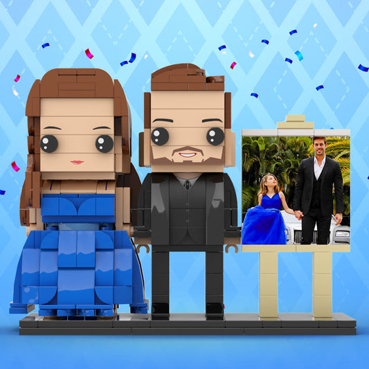 Full Body Customizable 2 People Dad And His Daughter In Perfect Blue Dress Photo Frame Personalized Custom Brick Figures Small Particle Block Toy Personalized For Father's Day