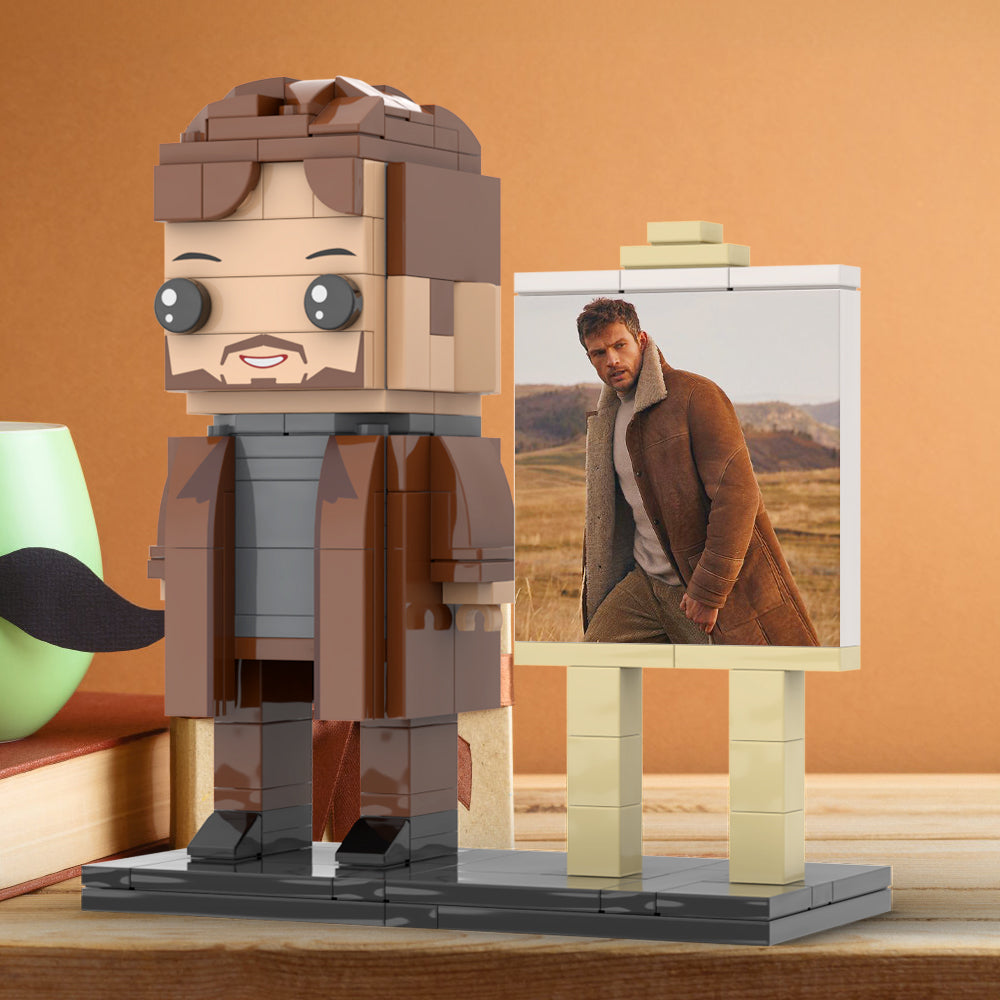 Full Body Customizable 1 Person Cool Young Daddy In Long Brown Coat Custom Brick with Frame Figures Small Particle Block Toy Brick Me Figures For Father's Day