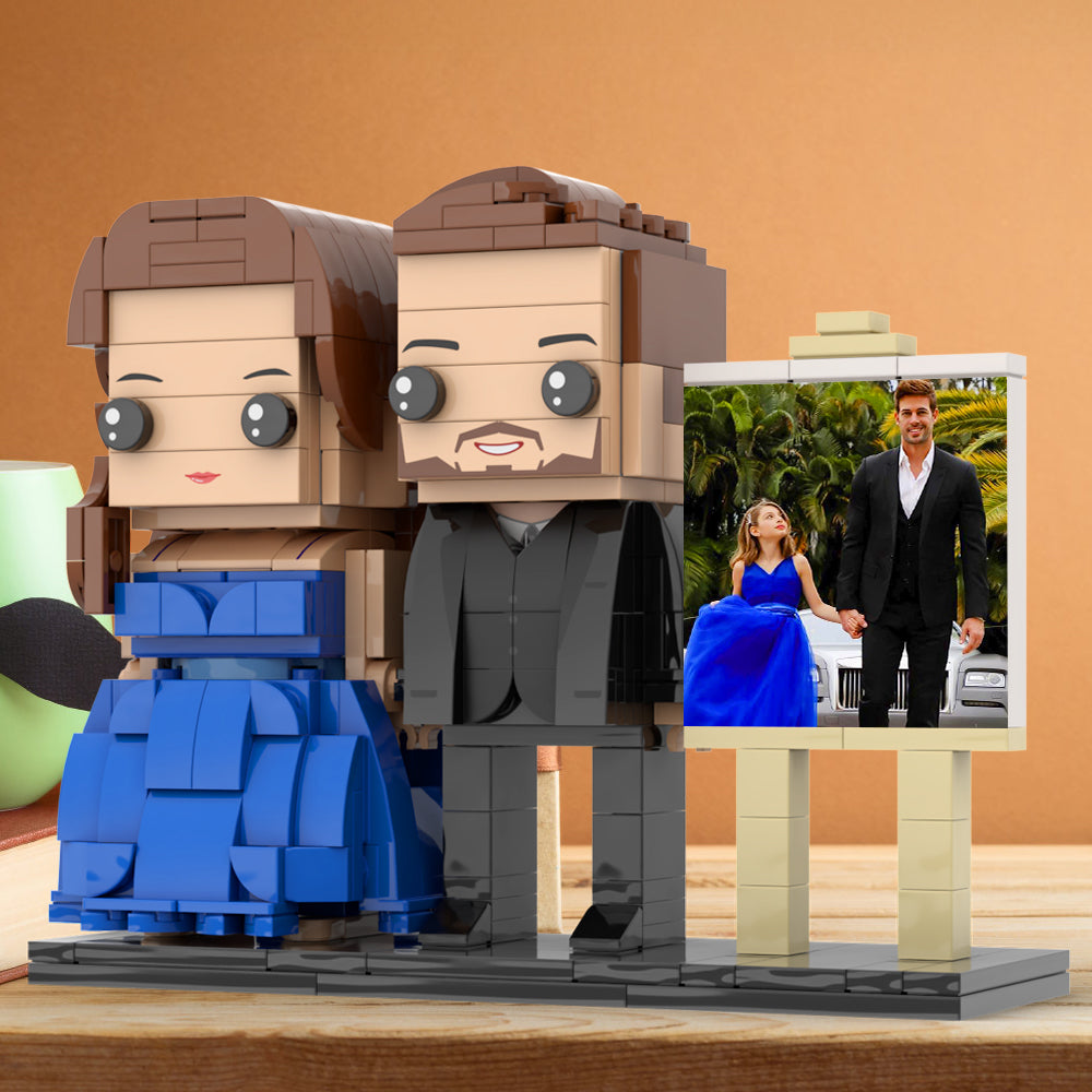 Full Body Customizable 2 People Dad And His Daughter In Perfect Blue Dress Photo Frame Personalized Custom Brick Figures Small Particle Block Toy Personalized For Father's Day