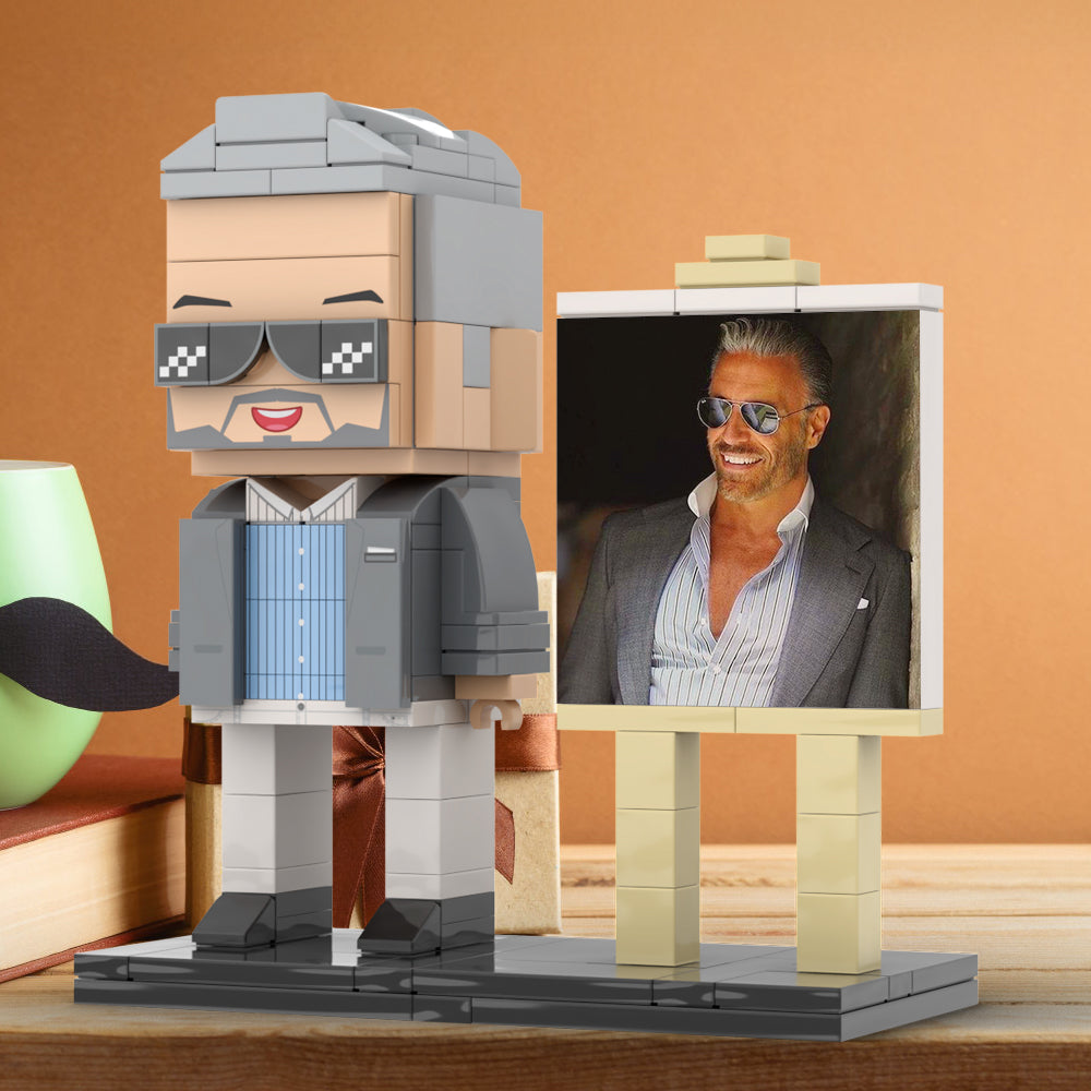 Full Body Customizable 1 Person Cool Daddy In Grey Suit With Sunglasses Custom Brick with Frame Figures Small Particle Block Toy Brick Me Figures For Father's Day