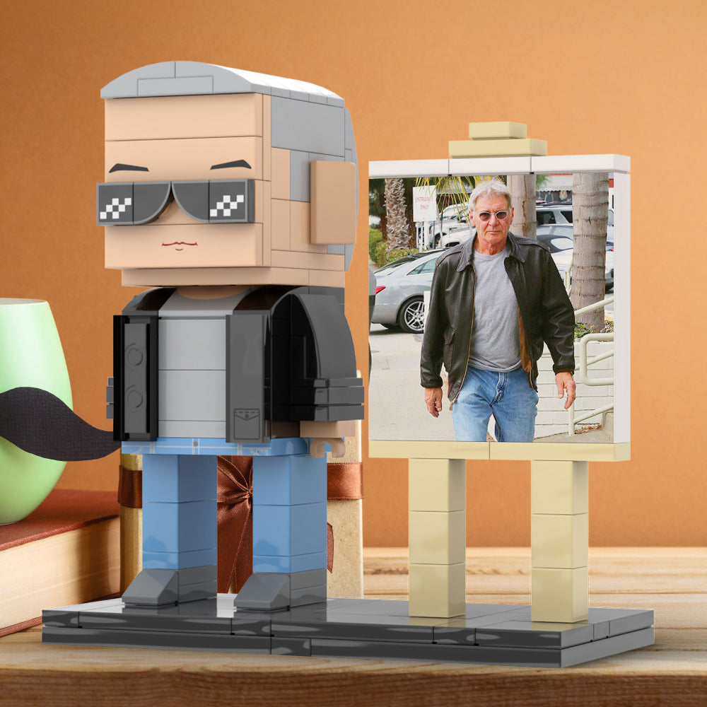 Full Body Customizable 1 Person Cool Grey Hair Daddy Street Photo With Classic Outfit Custom Brick with Frame Figures Small Particle Block Toy Brick Me Figures For Father's Day