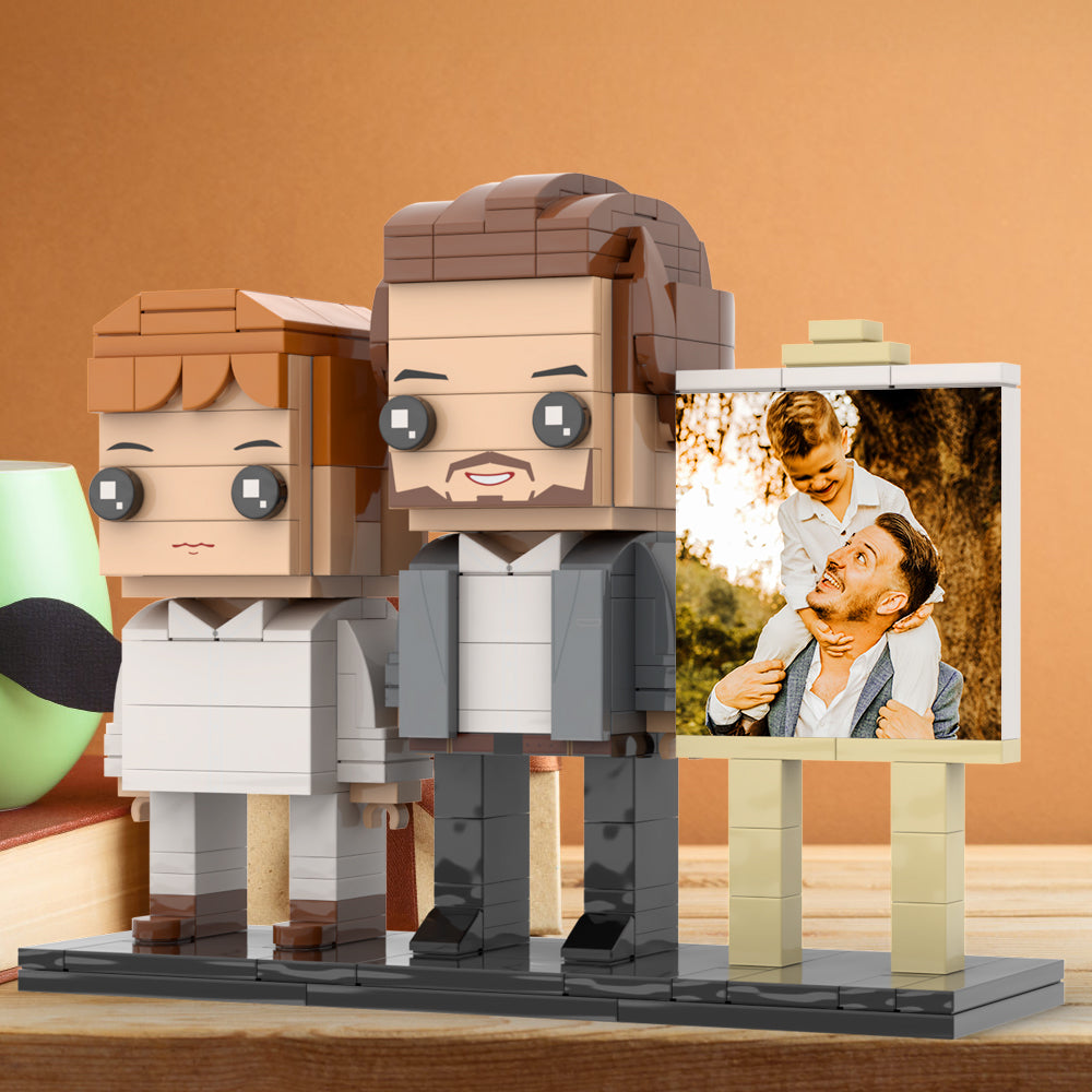 Full Body Customizable 2 People Little Son Sit On Daddy's Shoulder Photo Frame Personalized Custom Brick Figures Small Particle Block Toy Personalized For Father's Day