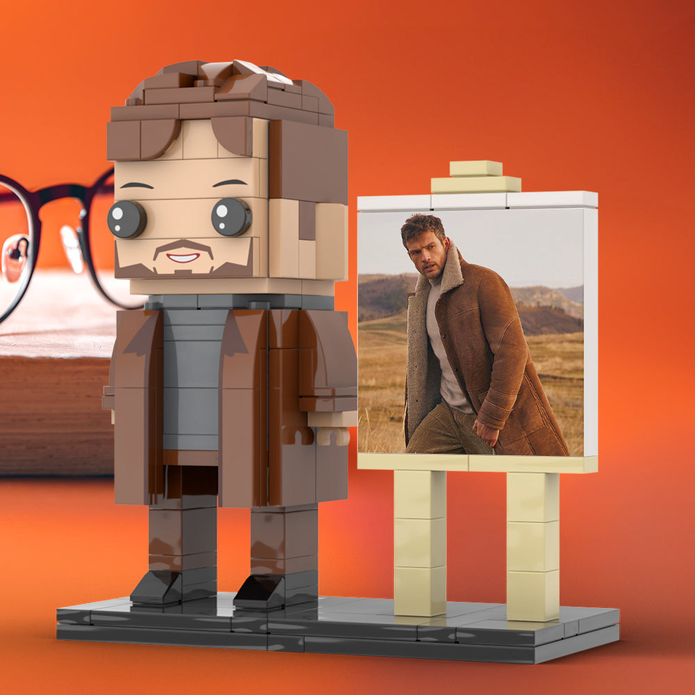 Full Body Customizable 1 Person Cool Young Daddy In Long Brown Coat Custom Brick with Frame Figures Small Particle Block Toy Brick Me Figures For Father's Day