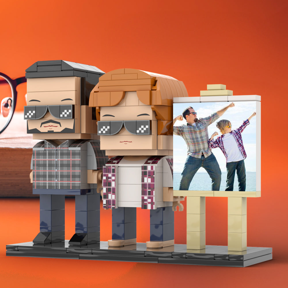 Full Body Customizable 2 People Daddy And His Son Have a Pose Towards Sun Photo Frame Personalized Custom Brick Figures Small Particle Block Toy Personalized For Father's Day