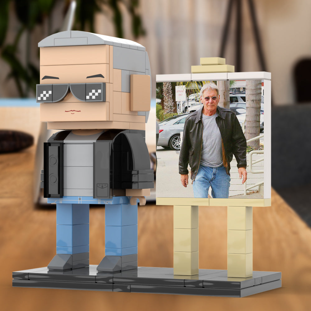 Full Body Customizable 1 Person Cool Grey Hair Daddy Street Photo With Classic Outfit Custom Brick with Frame Figures Small Particle Block Toy Brick Me Figures For Father's Day