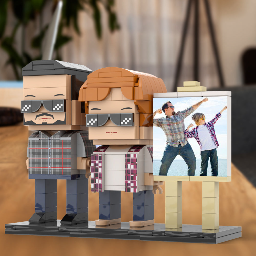 Full Body Customizable 2 People Daddy And His Son Have a Pose Towards Sun Photo Frame Personalized Custom Brick Figures Small Particle Block Toy Personalized For Father's Day