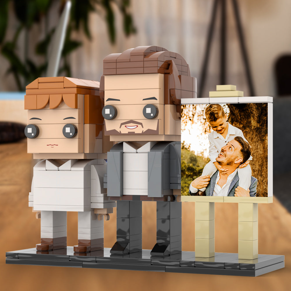 Full Body Customizable 2 People Little Son Sit On Daddy's Shoulder Photo Frame Personalized Custom Brick Figures Small Particle Block Toy Personalized For Father's Day