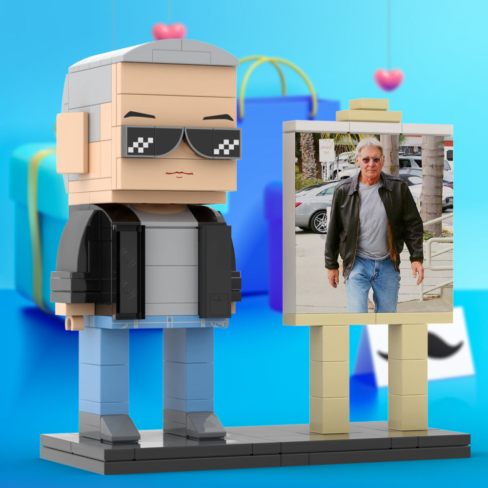 Full Body Customizable 1 Person Cool Grey Hair Daddy Street Photo With Classic Outfit Custom Brick with Frame Figures Small Particle Block Toy Brick Me Figures For Father's Day