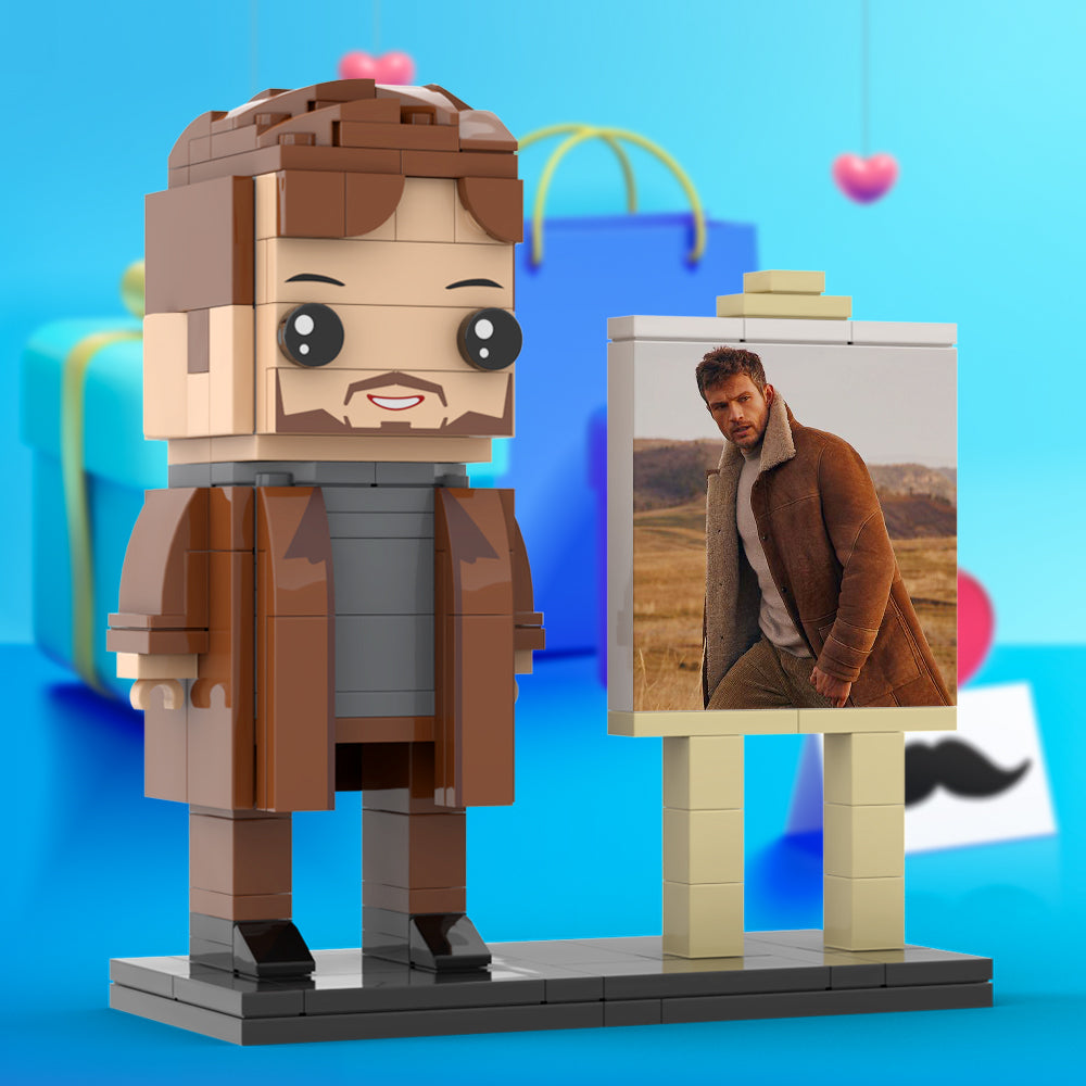 Full Body Customizable 1 Person Cool Young Daddy In Long Brown Coat Custom Brick with Frame Figures Small Particle Block Toy Brick Me Figures For Father's Day