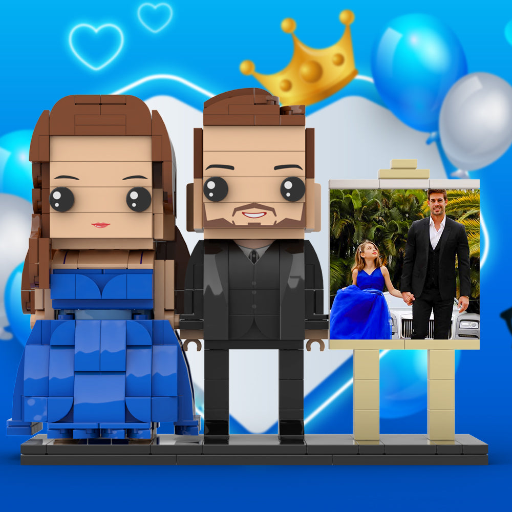 Full Body Customizable 2 People Dad And His Daughter In Perfect Blue Dress Photo Frame Personalized Custom Brick Figures Small Particle Block Toy Personalized For Father's Day