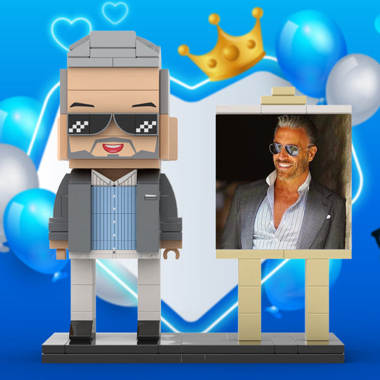 Full Body Customizable 1 Person Cool Daddy In Grey Suit With Sunglasses Custom Brick with Frame Figures Small Particle Block Toy Brick Me Figures For Father's Day