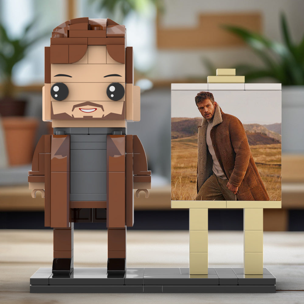 Full Body Customizable 1 Person Cool Young Daddy In Long Brown Coat Custom Brick with Frame Figures Small Particle Block Toy Brick Me Figures For Father's Day