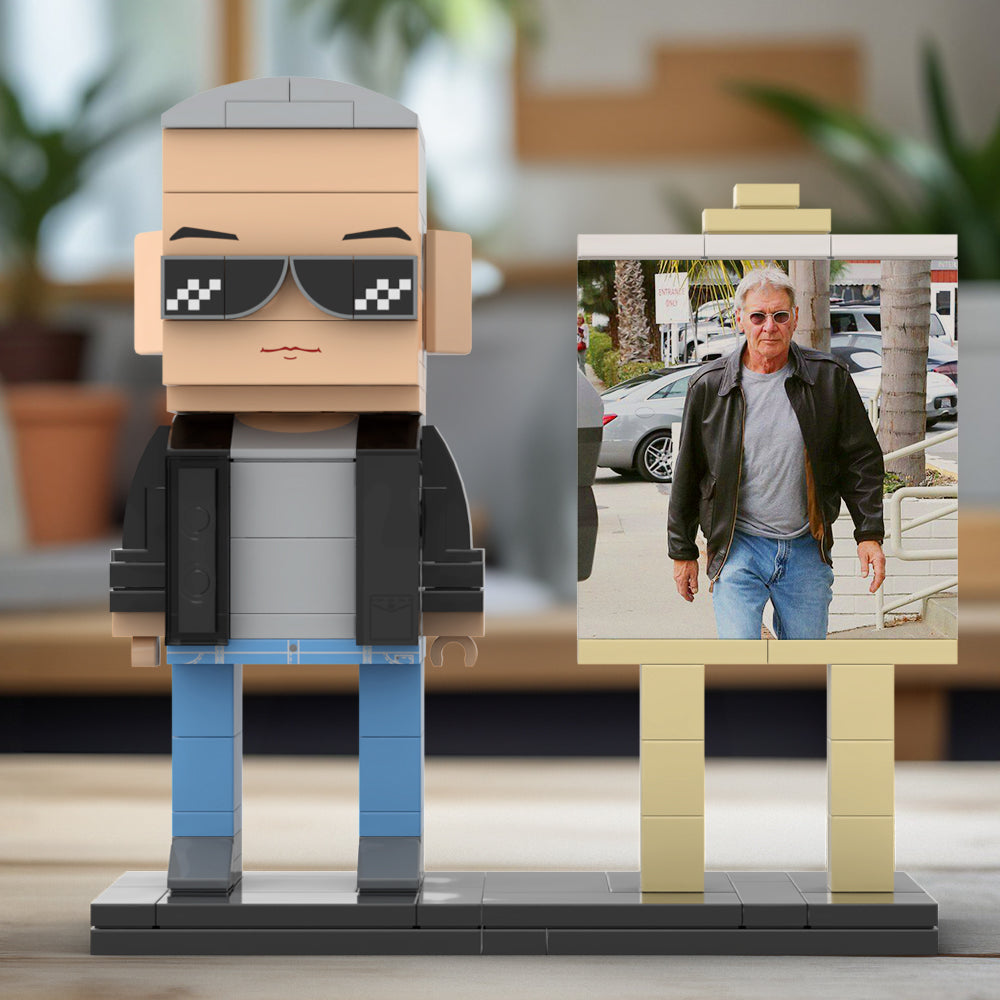 Full Body Customizable 1 Person Cool Grey Hair Daddy Street Photo With Classic Outfit Custom Brick with Frame Figures Small Particle Block Toy Brick Me Figures For Father's Day