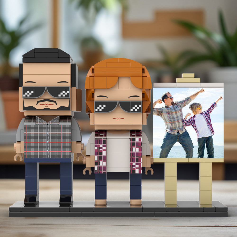 Full Body Customizable 2 People Daddy And His Son Have a Pose Towards Sun Photo Frame Personalized Custom Brick Figures Small Particle Block Toy Personalized For Father's Day