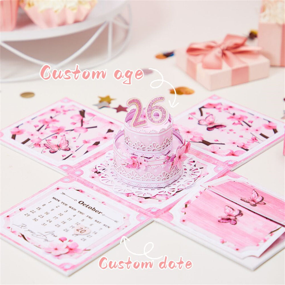 Personalized Birthday Exploding Surprise Box Card Custom Cherry Blossoms 3D Pop-Up Greeting Card