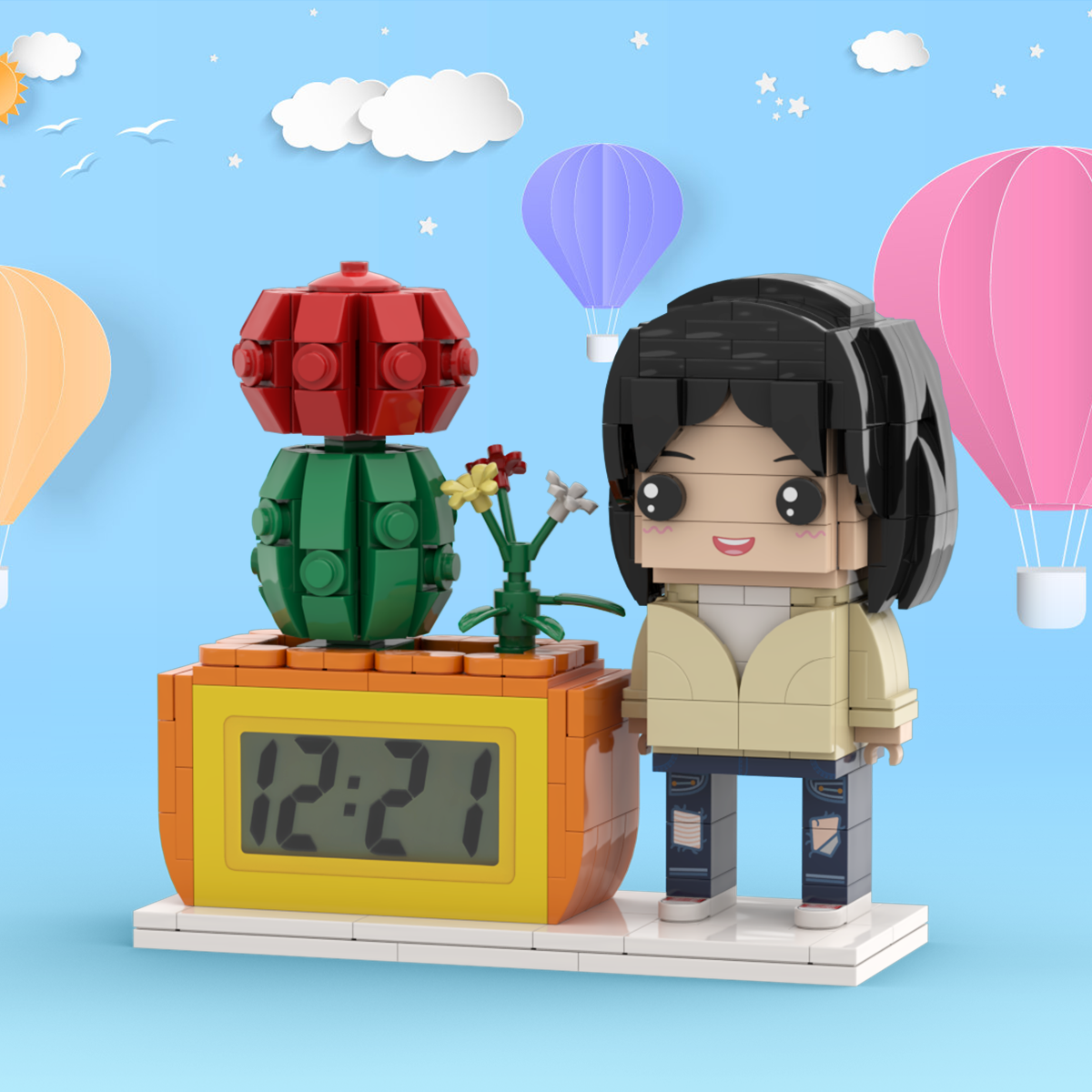 Gifts for Her Custom Brick Figures Clock Personalized Figures Potted Plant & Brick Clock