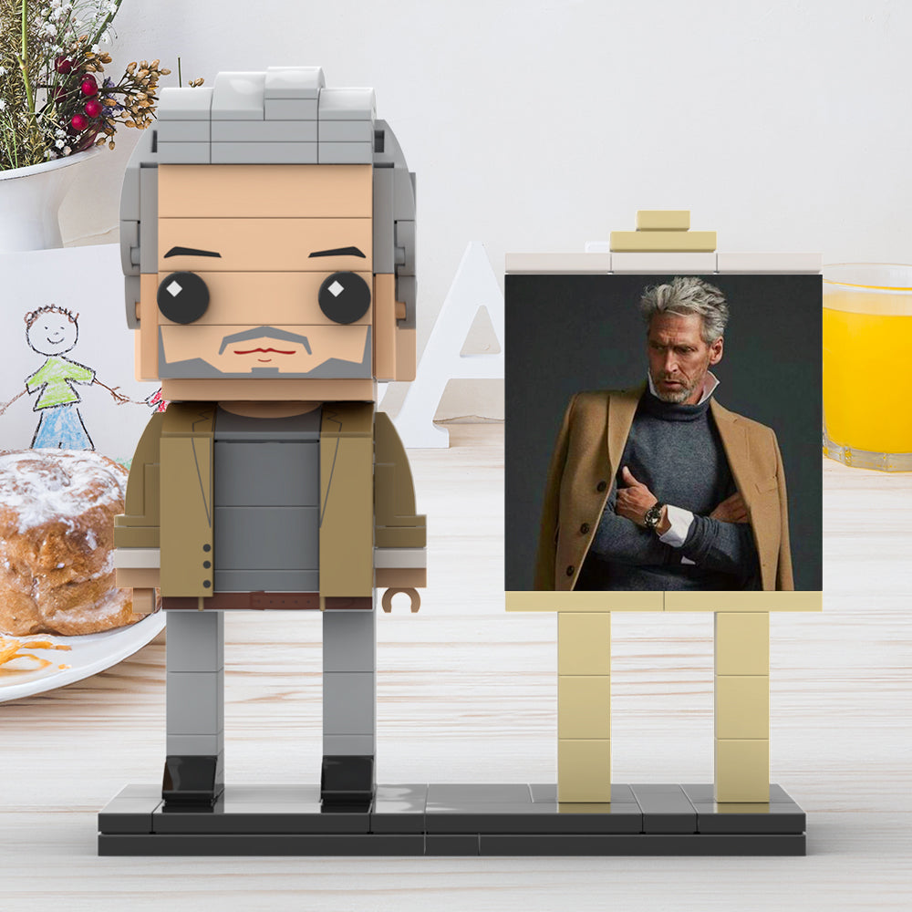 Full Body Customizable 1 Person Cool Grey Hair Daddy In Brown Jacket Custom Brick with Frame Figures Small Particle Block Toy Brick Me Figures For Father's Day