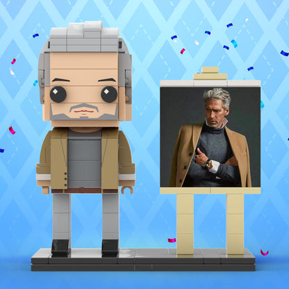 Full Body Customizable 1 Person Cool Grey Hair Daddy In Brown Jacket Custom Brick with Frame Figures Small Particle Block Toy Brick Me Figures For Father's Day