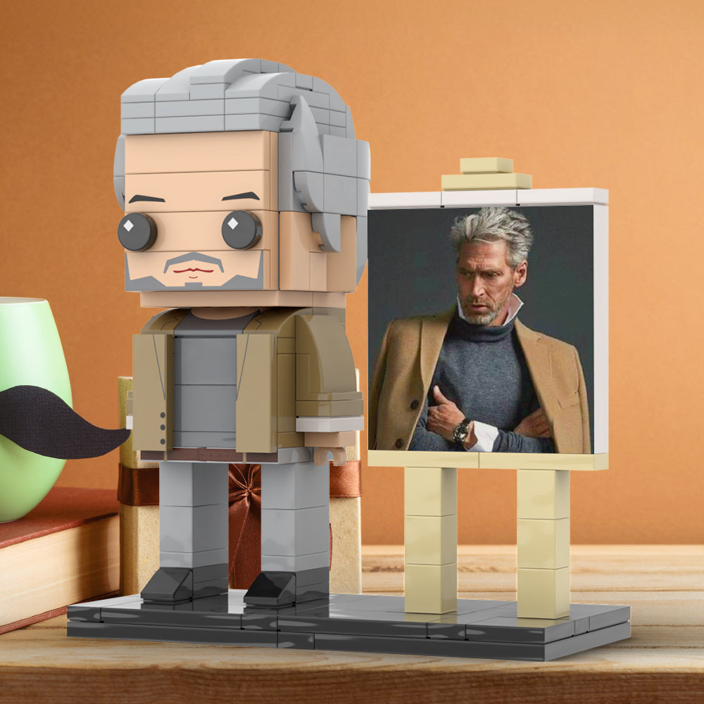 Full Body Customizable 1 Person Cool Grey Hair Daddy In Brown Jacket Custom Brick with Frame Figures Small Particle Block Toy Brick Me Figures For Father's Day