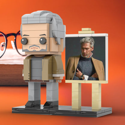 Full Body Customizable 1 Person Cool Grey Hair Daddy In Brown Jacket Custom Brick with Frame Figures Small Particle Block Toy Brick Me Figures For Father's Day